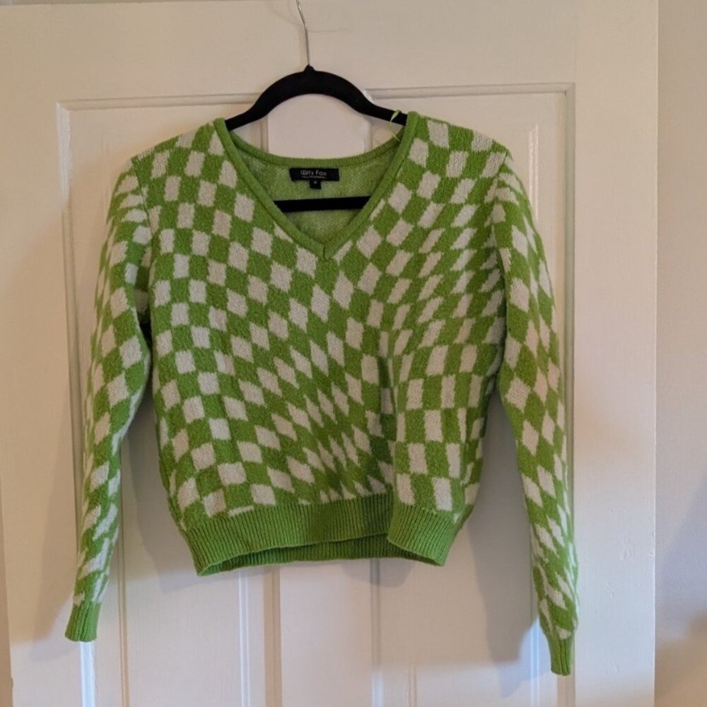 Green Checkered Knit crop Sweater Size M